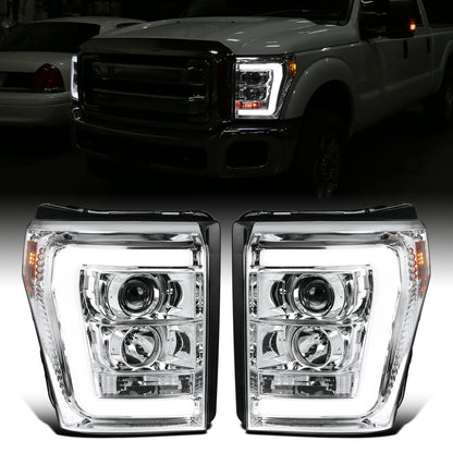 Ronnin - Fits 2011-2016 Ford F250 F350 F450 F550 Super Duty Upgraded Replacement LED Running Lights Projector Headlights Assembly Pair | Chrome