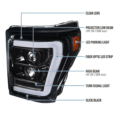 Ronnin - Fits 2011-2016 Ford F250 F350 F450 F550 Super Duty Upgraded Replacement LED Running Lights Projector Headlights Assembly Pair | Gloss Black