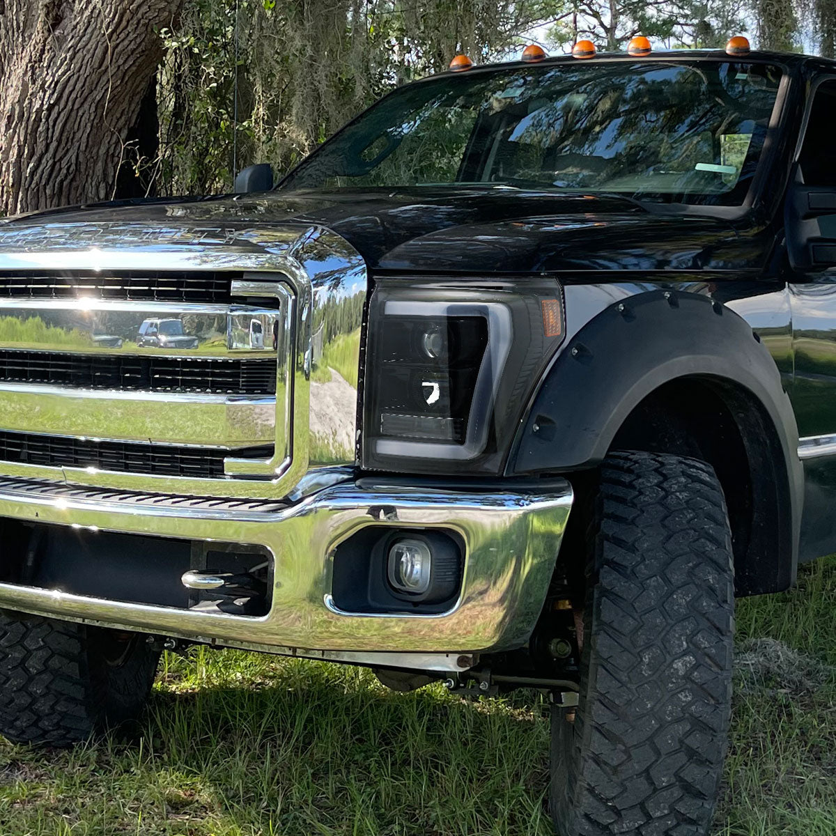 Ronnin - Fits 2011-2016 Ford F250 F350 F450 F550 Super Duty Upgraded Replacement LED Running Lights Projector Headlights Assembly Pair | Gloss Black