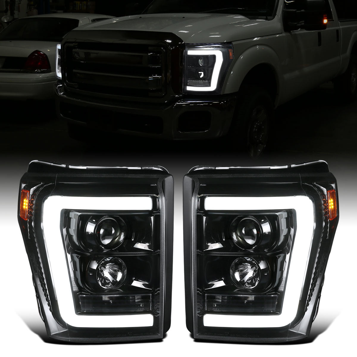 Ronnin - Fits 2011-2016 Ford F250 F350 F450 F550 Super Duty Upgraded Replacement LED Running Lights Projector Headlights Assembly Pair | Gloss Black