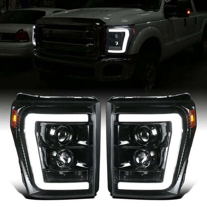 Ronnin - Fits 2011-2016 Ford F250 F350 F450 F550 Super Duty Upgraded Replacement LED Running Lights Projector Headlights Assembly Pair | Gloss Black