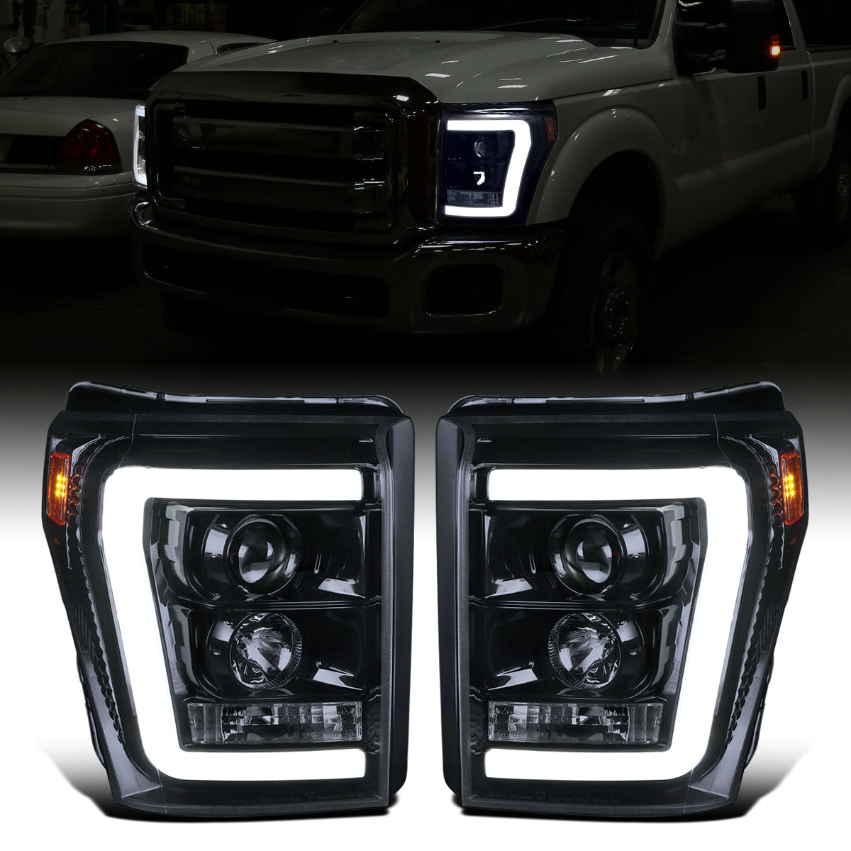 Ronnin - Fits 2011-2016 Ford F250 F350 F450 F550 Super Duty Upgraded Replacement LED Running Lights Projector Headlights Assembly Pair | Black Smoke