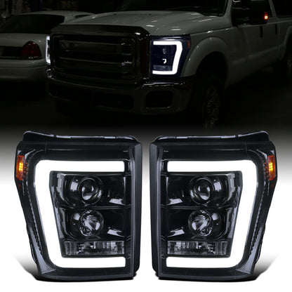 Ronnin - Fits 2011-2016 Ford F250 F350 F450 F550 Super Duty Upgraded Replacement LED Running Lights Projector Headlights Assembly Pair | Black Smoke