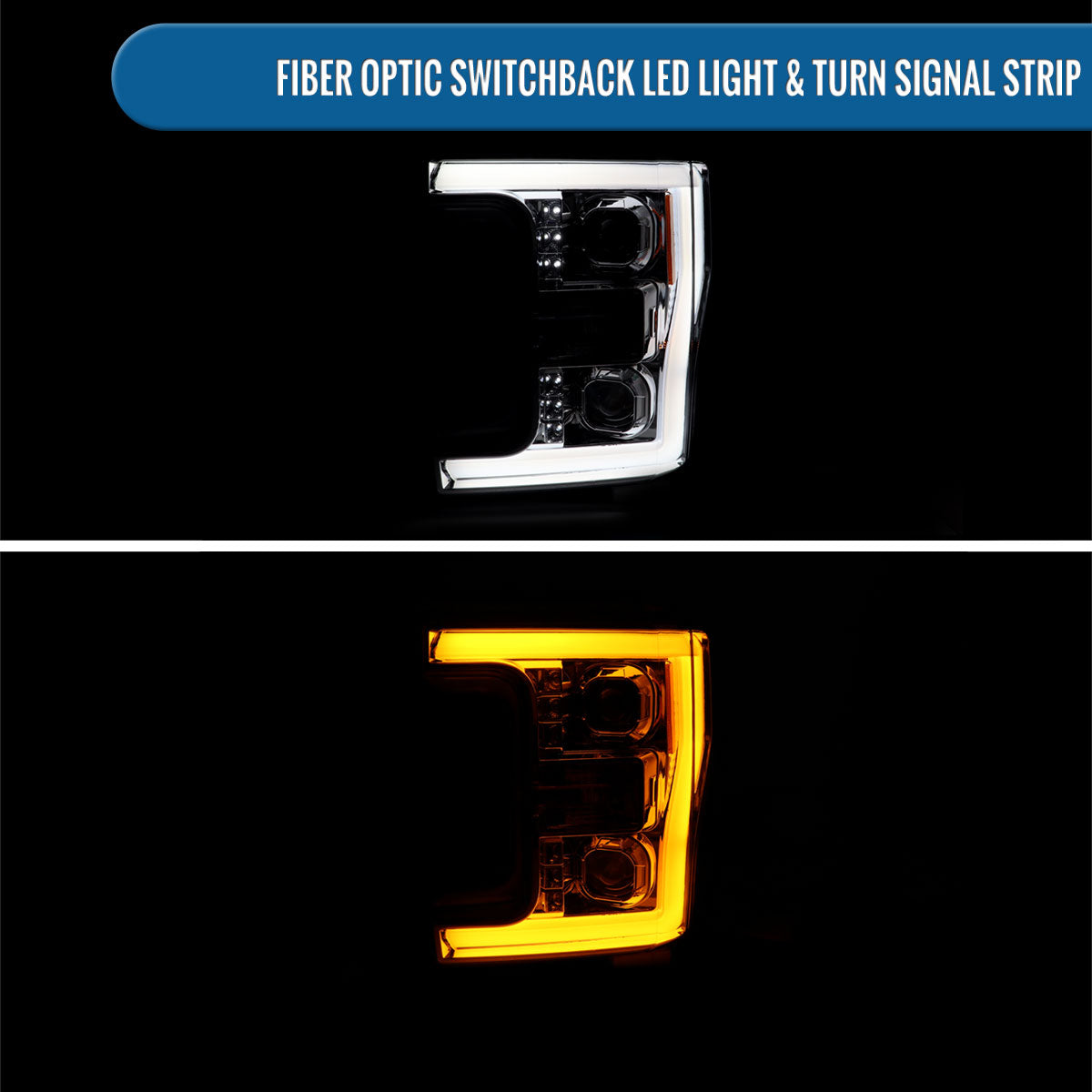 Ronnin - Fits 2017-2019 Ford F250 F350 F450 F550 Super Duty Halogen Projector Headlights Switchback LED Turn Signal Replacement Pair | Chrome