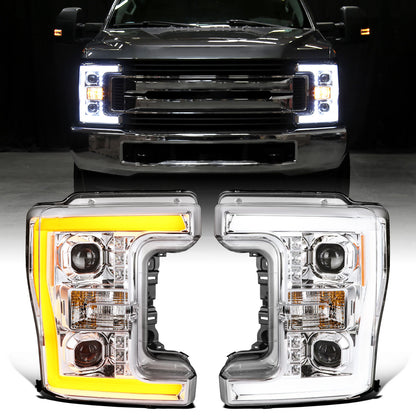 Ronnin - Fits 2017-2019 Ford F250 F350 F450 F550 Super Duty Halogen Projector Headlights Switchback LED Turn Signal Replacement Pair | Chrome