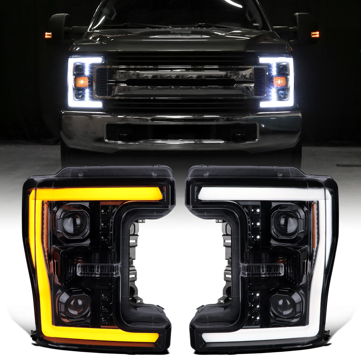 Ronnin - Fits 2017-2019 Ford F250 F350 F450 F550 Super Duty Halogen Projector Headlights Switchback LED Turn Signal Replacement Pair | Black Smoke