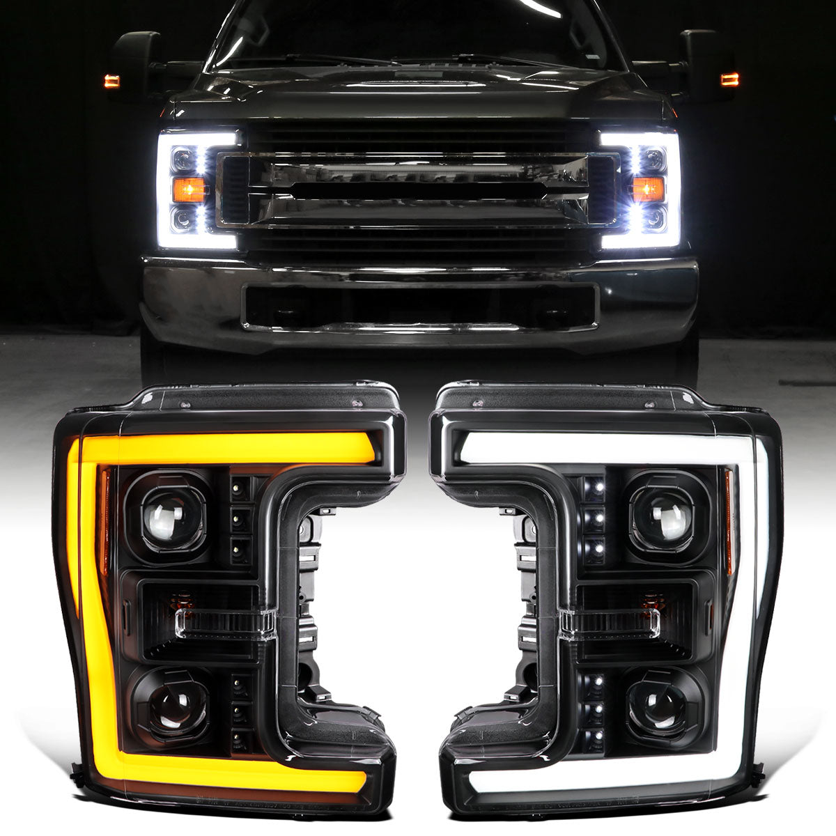 Ronnin - Fits 2017-2019 Ford F250 F350 F450 F550 Super Duty Halogen Projector Headlights Switchback LED Turn Signal Replacement Pair | Black