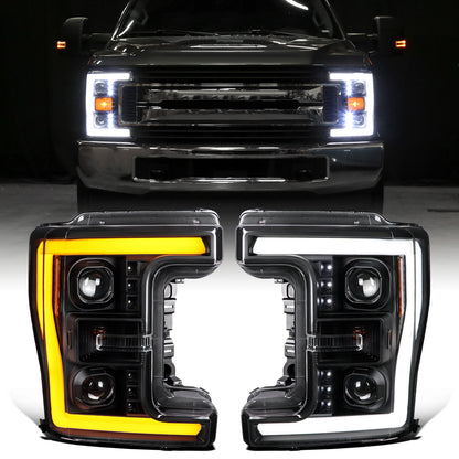 Ronnin - Compatible con faros delanteros de proyector halógeno Ford F250 F350 F450 F550 Super Duty 2017-2019, par de repuesto con direccionales LED de doble función | Negro