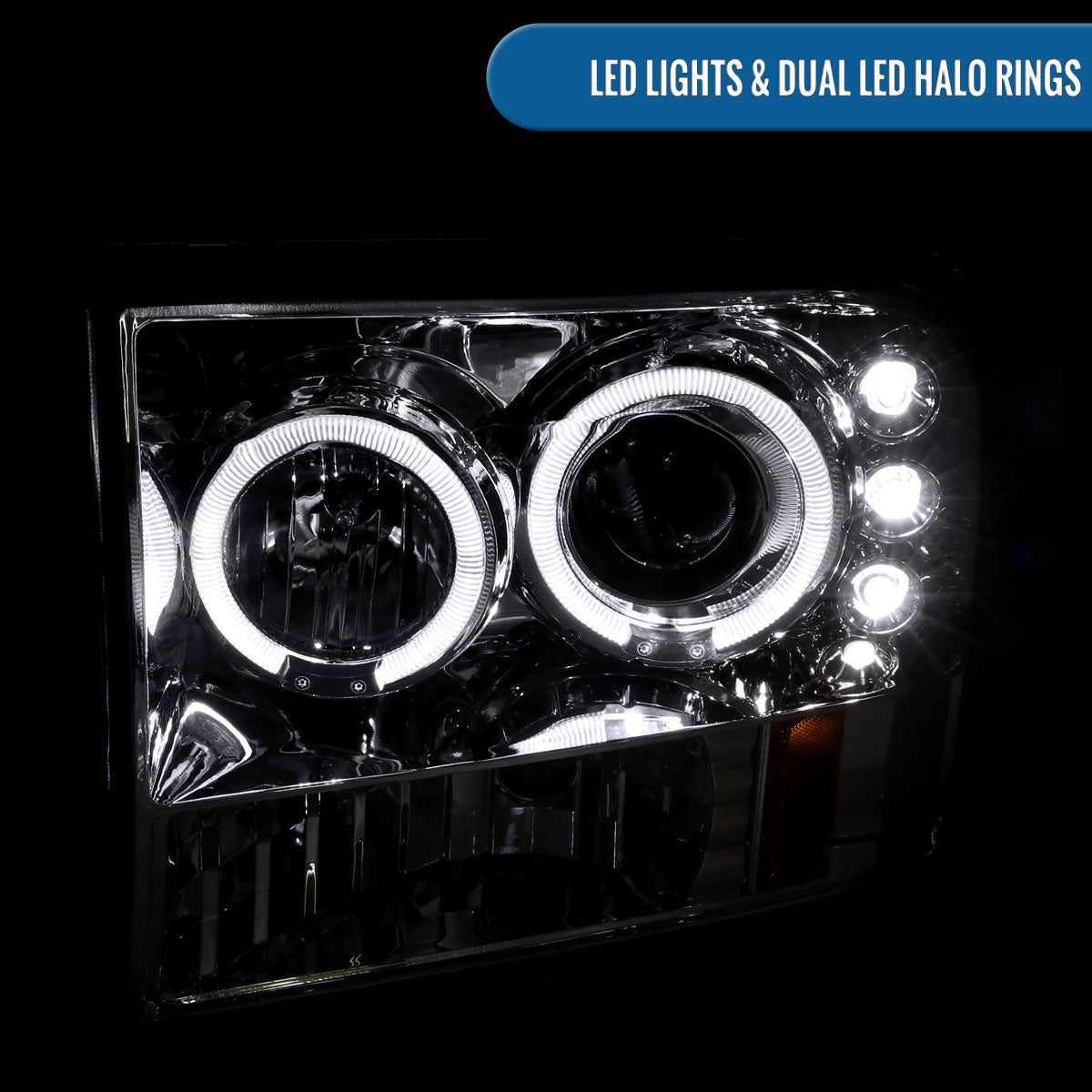 Ronnin - Fits 1999-2004 Ford F250 F350 F450 F550 Excursion US Spec Upgrade Replacement LED Dual Rims Projector Headlights Assembly Pair | Chrome