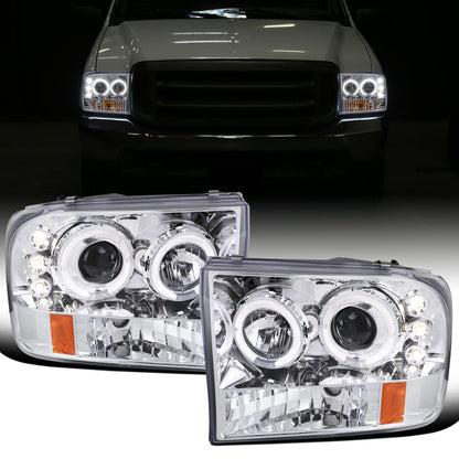 Ronnin - Fits 1999-2004 Ford F250 F350 F450 F550 Excursion US Spec Upgrade Replacement LED Dual Rims Projector Headlights Assembly Pair | Chrome