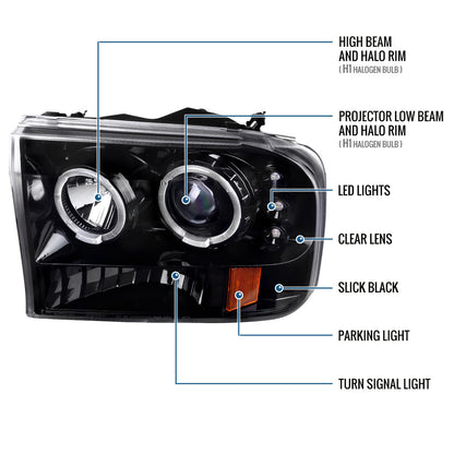 Ronnin - Fits 1999-2004 Ford F250 F350 F450 F550 Excursion US Spec Upgrade Replacement LED Dual Rims Projector Headlights Assembly Pair | Gloss Black
