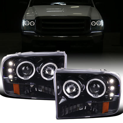 Ronnin - Fits 1999-2004 Ford F250 F350 F450 F550 Excursion US Spec Upgrade Replacement LED Dual Rims Projector Headlights Assembly Pair | Gloss Black