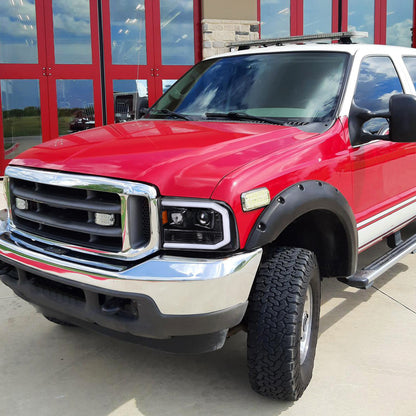 Ronnin - Fits 1999-2004 Ford F250 F350 F450 F550 Super Duty 2000-2004 Excursion Upgraded Replacement LED Running Lights Projector Headlights Assembly Pair | Gloss Black