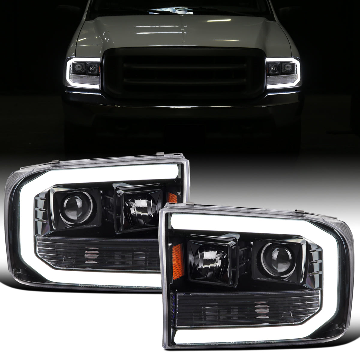 Ronnin - Fits 1999-2004 Ford F250 F350 F450 F550 Super Duty 2000-2004 Excursion Upgraded Replacement LED Running Lights Projector Headlights Assembly Pair | Gloss Black