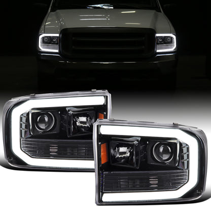 Ronnin - Fits 1999-2004 Ford F250 F350 F450 F550 Super Duty 2000-2004 Excursion Upgraded Replacement LED Running Lights Projector Headlights Assembly Pair | Gloss Black