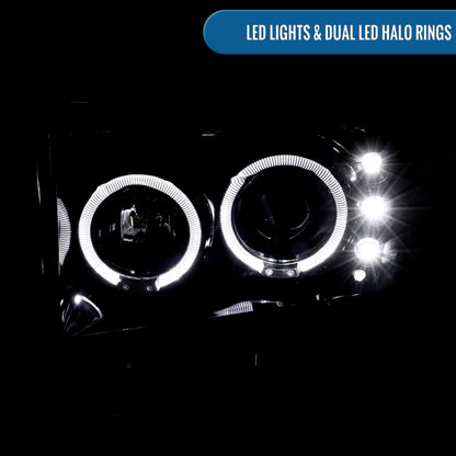 Ronnin - Fits 1999-2004 Ford F250 F350 F450 F550 Excursion US Spec Upgrade Replacement LED Dual Rims Projector Headlights Assembly Pair | Smoke