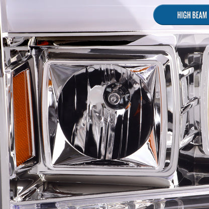 Ronnin - Fits 1999-2004 Ford F250 F350 F450 F550 Super Duty 2000-2004 Excursion Upgraded Replacement LED Running Lights Projector Headlights Assembly Pair | Chrome