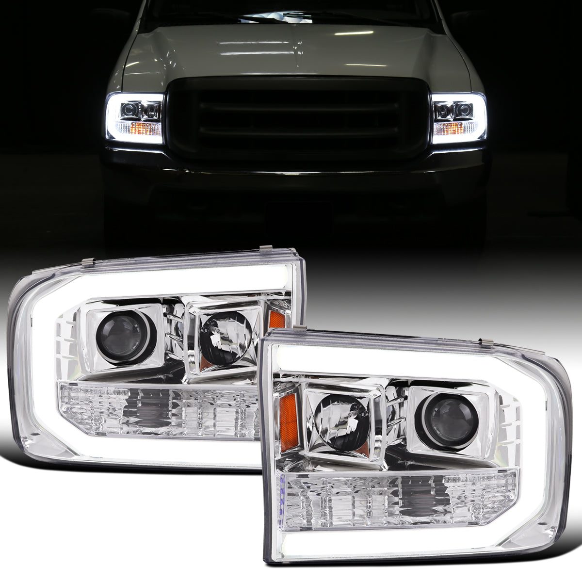 Ronnin - Fits 1999-2004 Ford F250 F350 F450 F550 Super Duty 2000-2004 Excursion Upgraded Replacement LED Running Lights Projector Headlights Assembly Pair | Chrome
