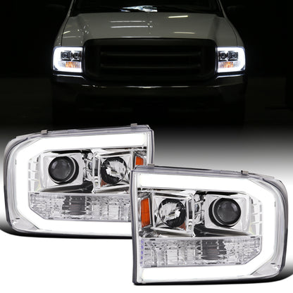 Ronnin - Fits 1999-2004 Ford F250 F350 F450 F550 Super Duty 2000-2004 Excursion Upgraded Replacement LED Running Lights Projector Headlights Assembly Pair | Chrome