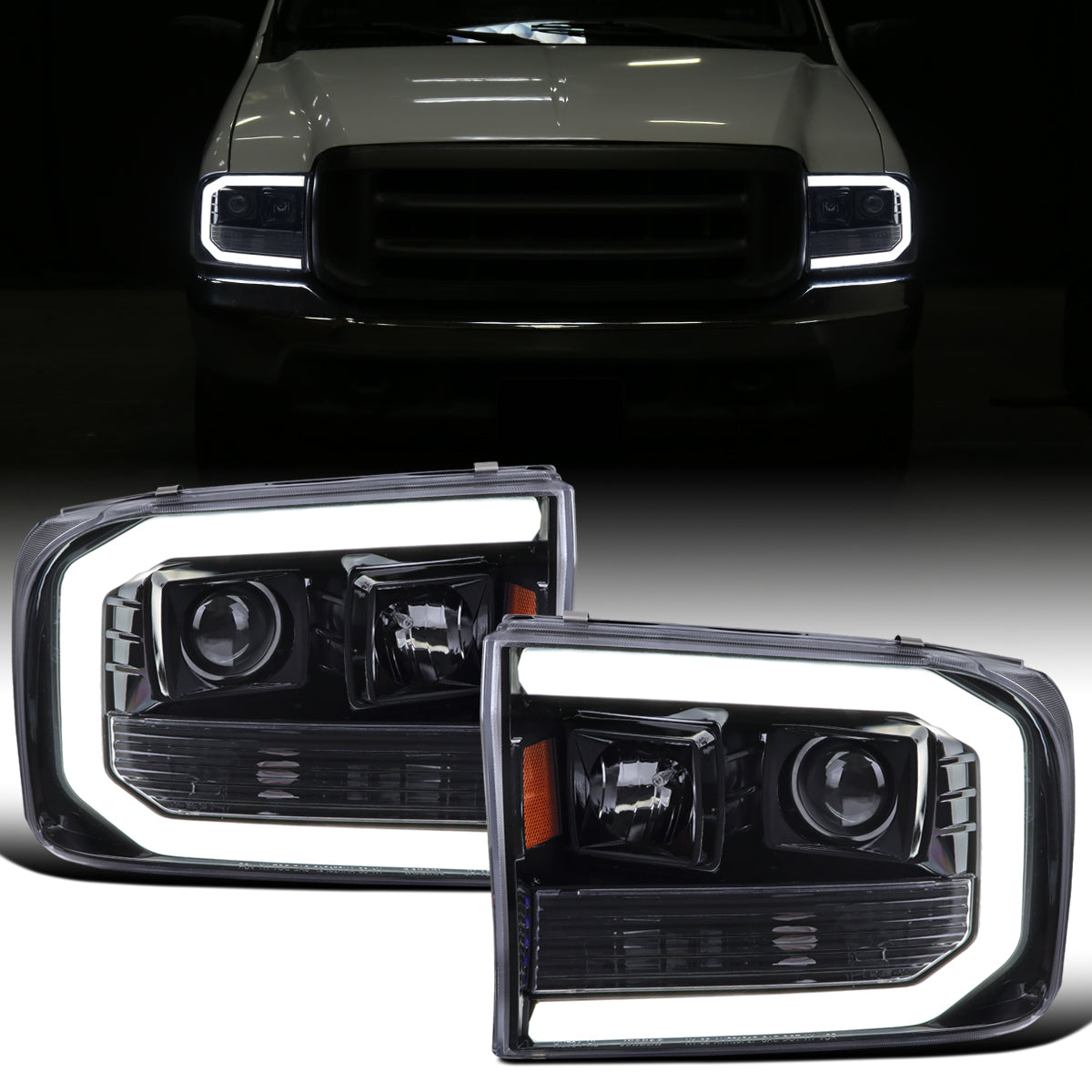 Ronnin - Fits 1999-2004 Ford F250 F350 F450 F550 Super Duty 2000-2004 Excursion Upgraded Replacement LED Running Lights Projector Headlights Assembly Pair | Black Smoke
