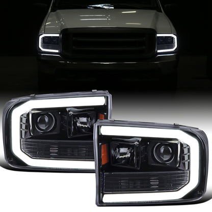 Ronnin - Fits 1999-2004 Ford F250 F350 F450 F550 Super Duty 2000-2004 Excursion Upgraded Replacement LED Running Lights Projector Headlights Assembly Pair | Black Smoke
