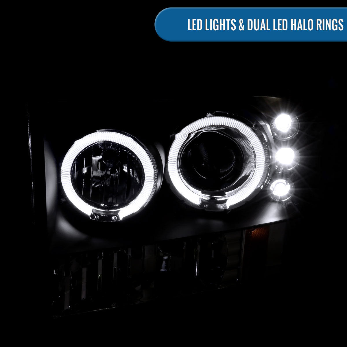 Ronnin - Fits 1999-2004 Ford F250 F350 F450 F550 Excursion US Spec Upgrade Replacement LED Dual Rims Projector Headlights Assembly Pair | Black