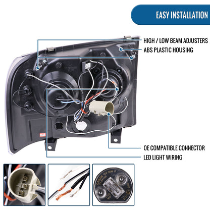 Ronnin - Fits 1999-2004 Ford F250 F350 F450 F550 Excursion US Spec Upgrade Replacement LED Dual Rims Projector Headlights Assembly Pair | Black