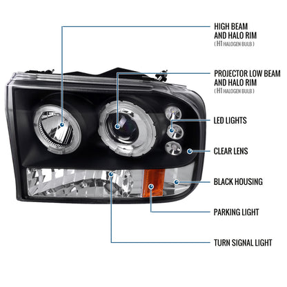 Ronnin - Fits 1999-2004 Ford F250 F350 F450 F550 Excursion US Spec Upgrade Replacement LED Dual Rims Projector Headlights Assembly Pair | Black