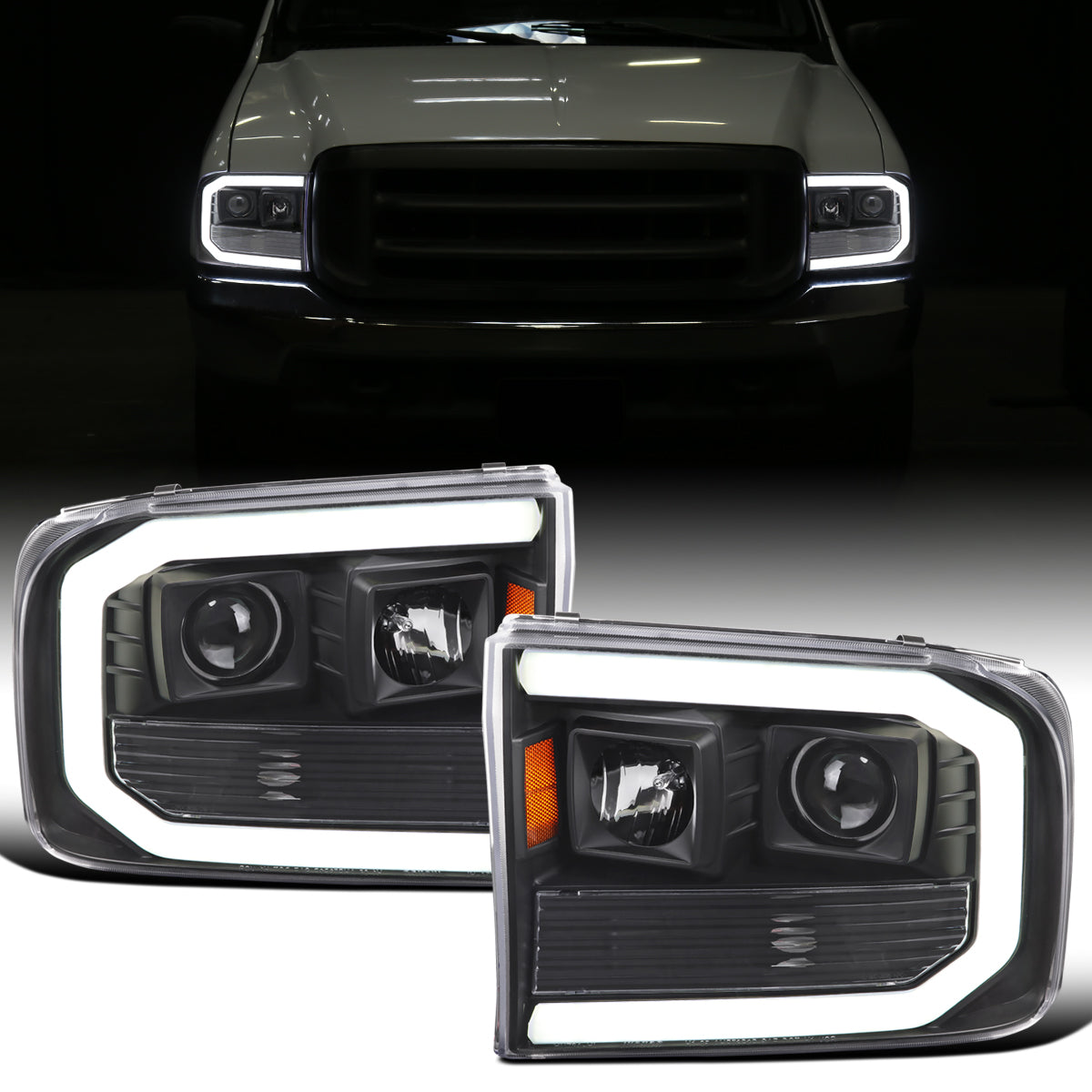 Ronnin - Fits 1999-2004 Ford F250 F350 F450 F550 Super Duty 2000-2004 Excursion Upgraded Replacement LED Running Lights Projector Headlights Assembly Pair | Black