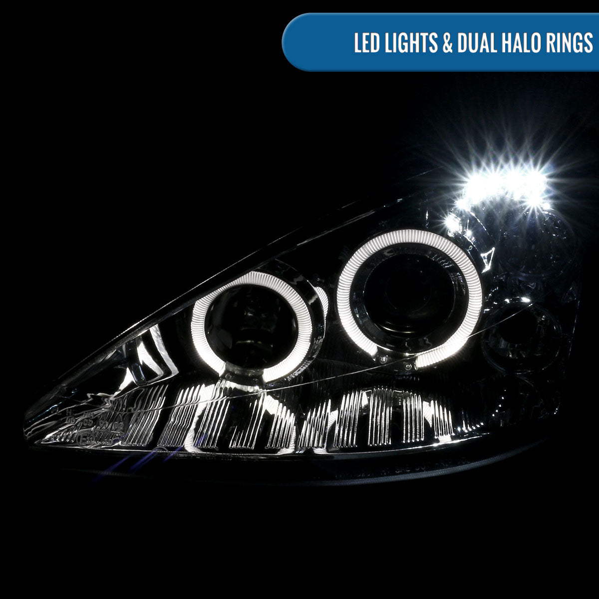 Ronnin - Fits 2000-2004 Ford Focus Upgrade Replacement LED Dual Rims Projector Headlights Assembly Pair | Chrome