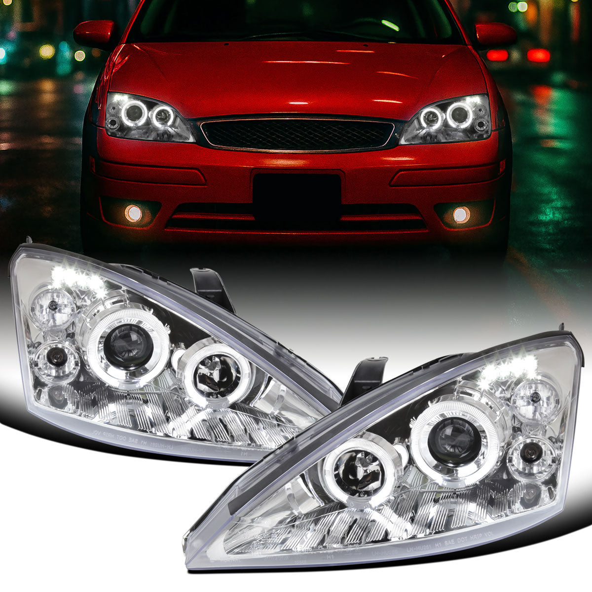 Ronnin - Fits 2000-2004 Ford Focus Upgrade Replacement LED Dual Rims Projector Headlights Assembly Pair | Chrome