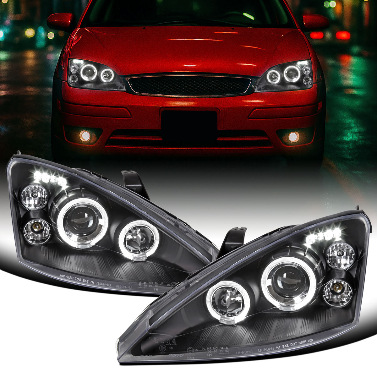 Ronnin - Fits 2000-2004 Ford Focus Upgrade Replacement LED Dual Rims Projector Headlights Assembly Pair | Black