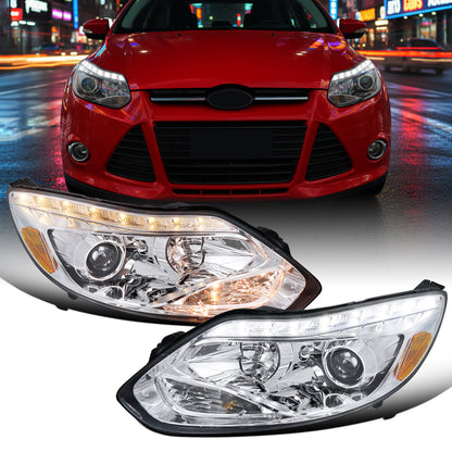 Ronnin - Fits 2012-2014 Ford Focus Upgrade Replacement LED Tube Projector Headlights Assembly Pair | Chrome