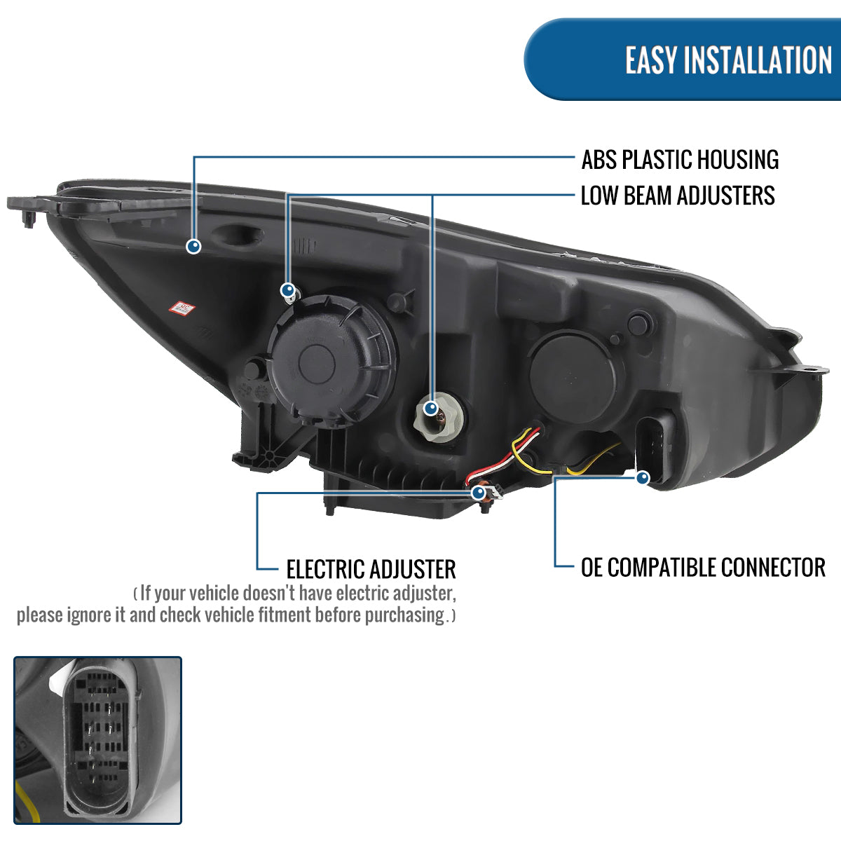 Ronnin - Se adapta a Ford Focus 2012-2014, faros delanteros de proyector con tubo LED de repuesto mejorado, par | Negro Ahumado