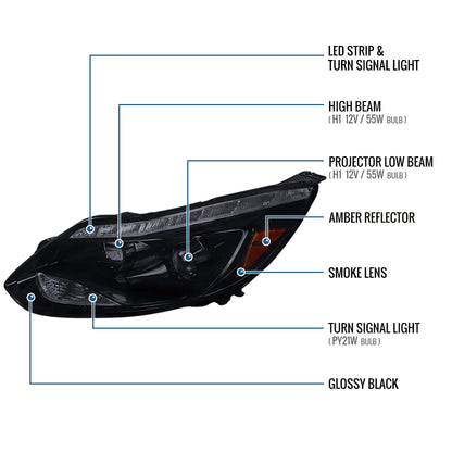 Ronnin - Se adapta a Ford Focus 2012-2014, faros delanteros de proyector con tubo LED de repuesto mejorado, par | Negro Ahumado