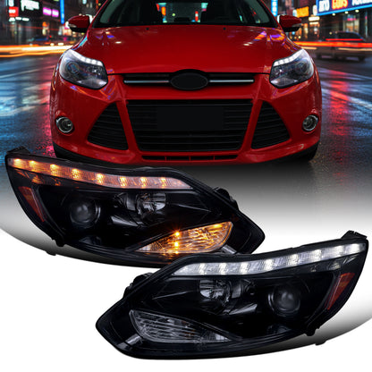Ronnin - Se adapta a Ford Focus 2012-2014, faros delanteros de proyector con tubo LED de repuesto mejorado, par | Negro Ahumado