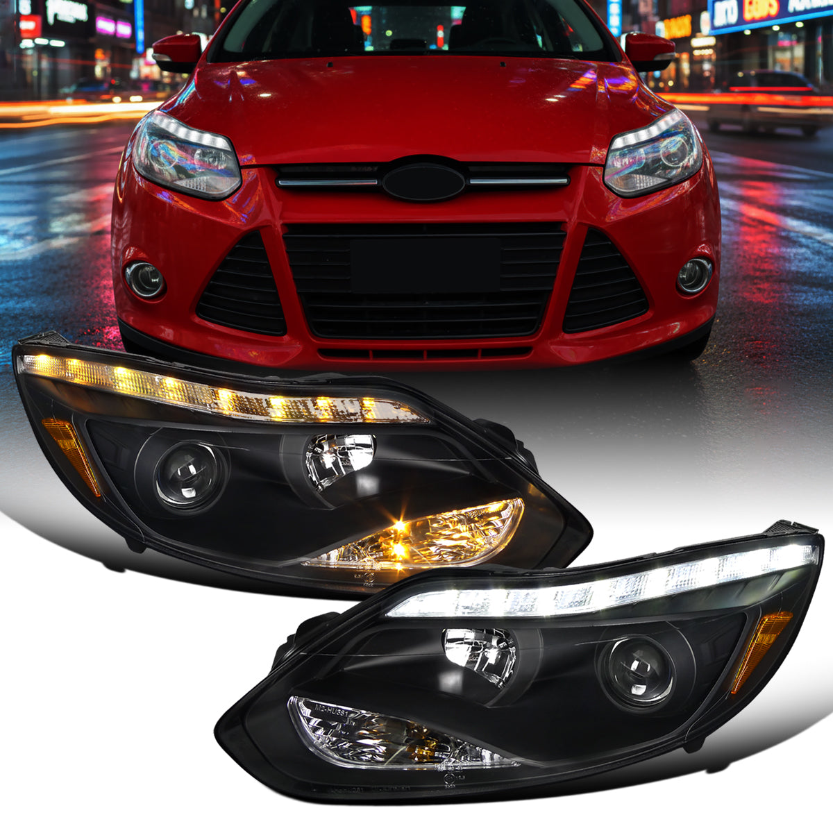 Ronnin - Se adapta a Ford Focus 2012-2014, par de faros delanteros con proyector de tubo LED de repuesto mejorados | Negro