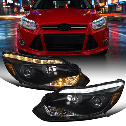 Ronnin - Se adapta a Ford Focus 2012-2014, par de faros delanteros con proyector de tubo LED de repuesto mejorados | Negro