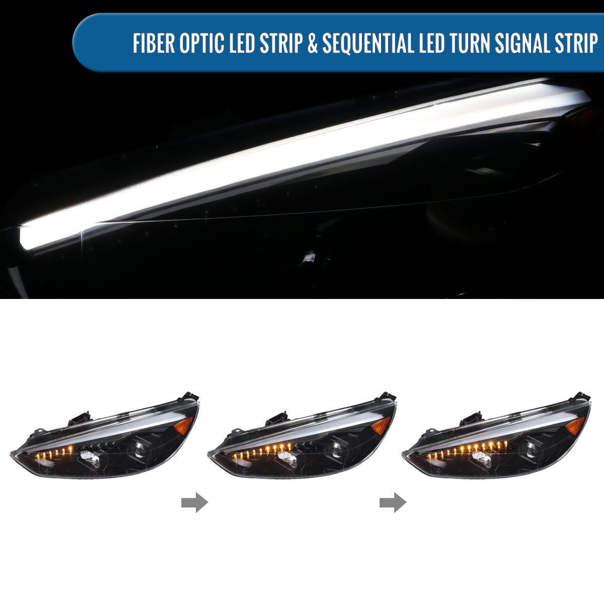 Ronnin - 2015-2018 Ford Focus Upgrade Assembly LED Sequential Turn Signals Projector Headlights Pair | Gloss Black