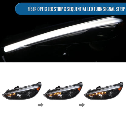 Ronnin - 2015-2018 Ford Focus Upgrade Assembly LED Sequential Turn Signals Projector Headlights Pair | Gloss Black