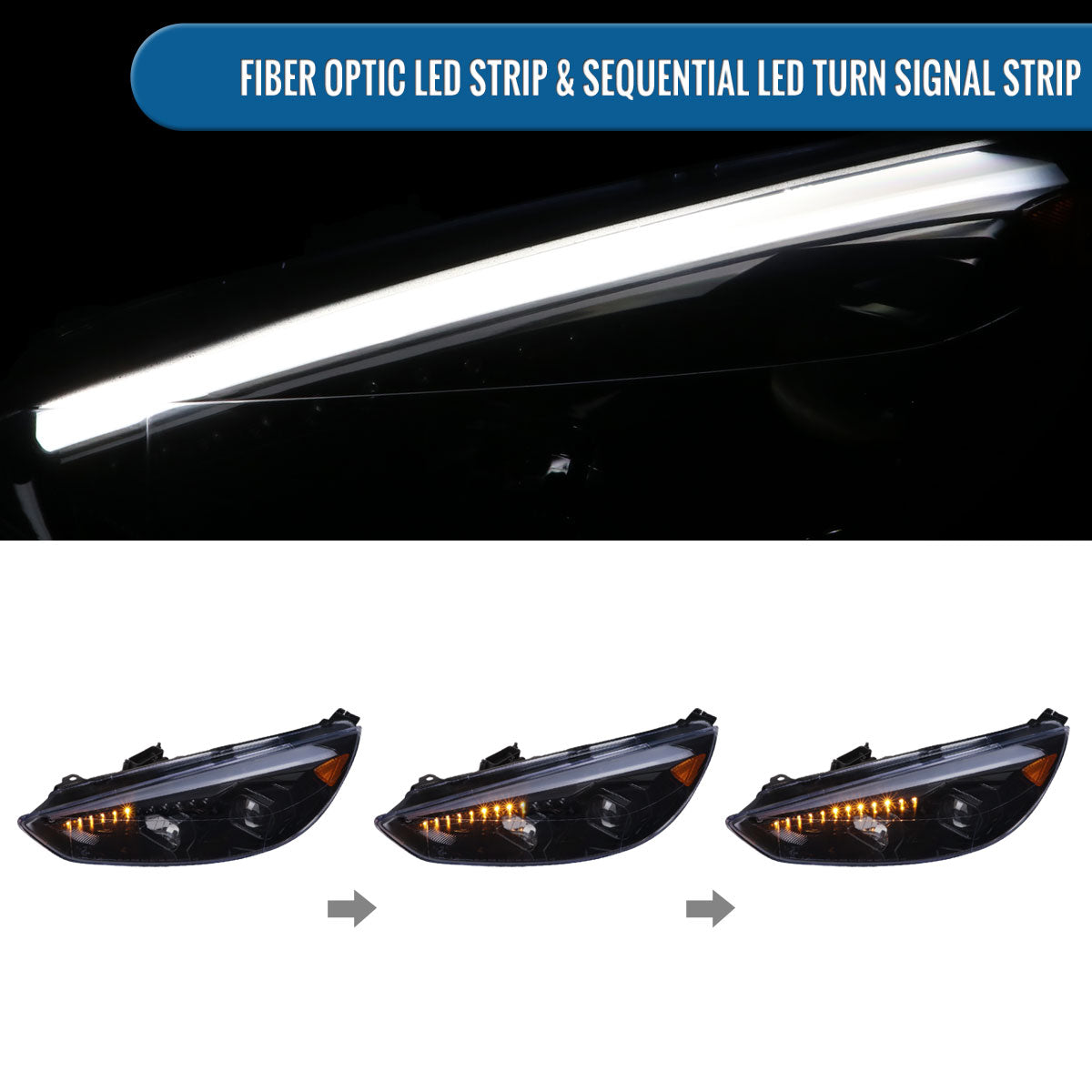 Ronnin - 2015-2018 Ford Focus Upgrade Assembly LED Sequential Turn Signals Projector Headlights Pair | Black Smoke