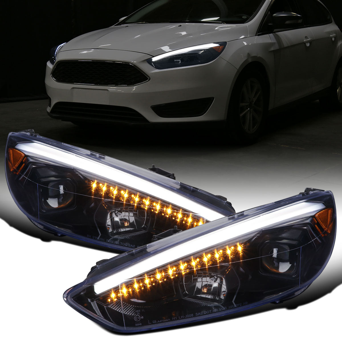 Ronnin - 2015-2018 Ford Focus Upgrade Assembly LED Sequential Turn Signals Projector Headlights Pair | Black Smoke