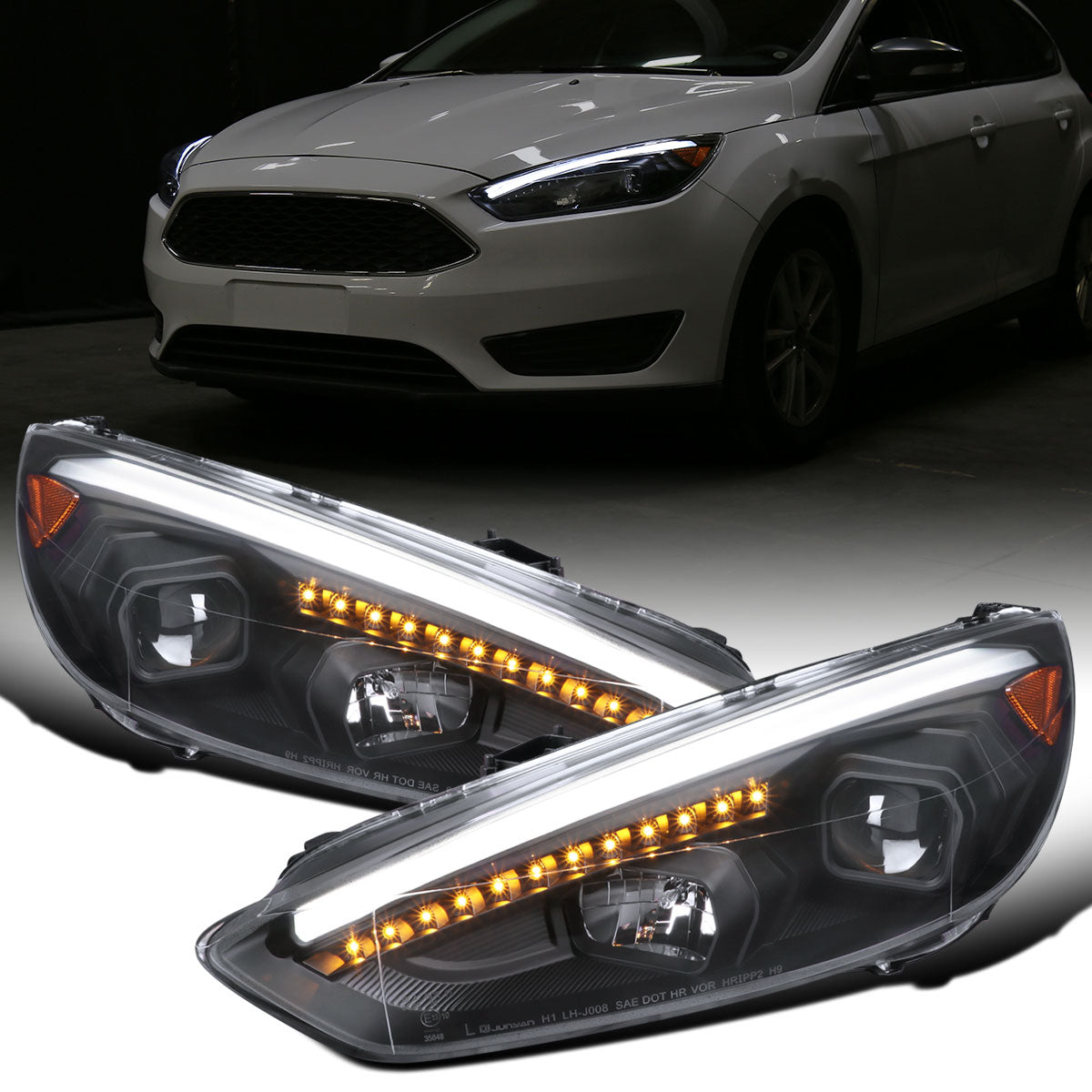 Ronnin - 2015-2018 Ford Focus Upgrade Assembly LED Sequential Turn Signals Projector Headlights Pair | Black