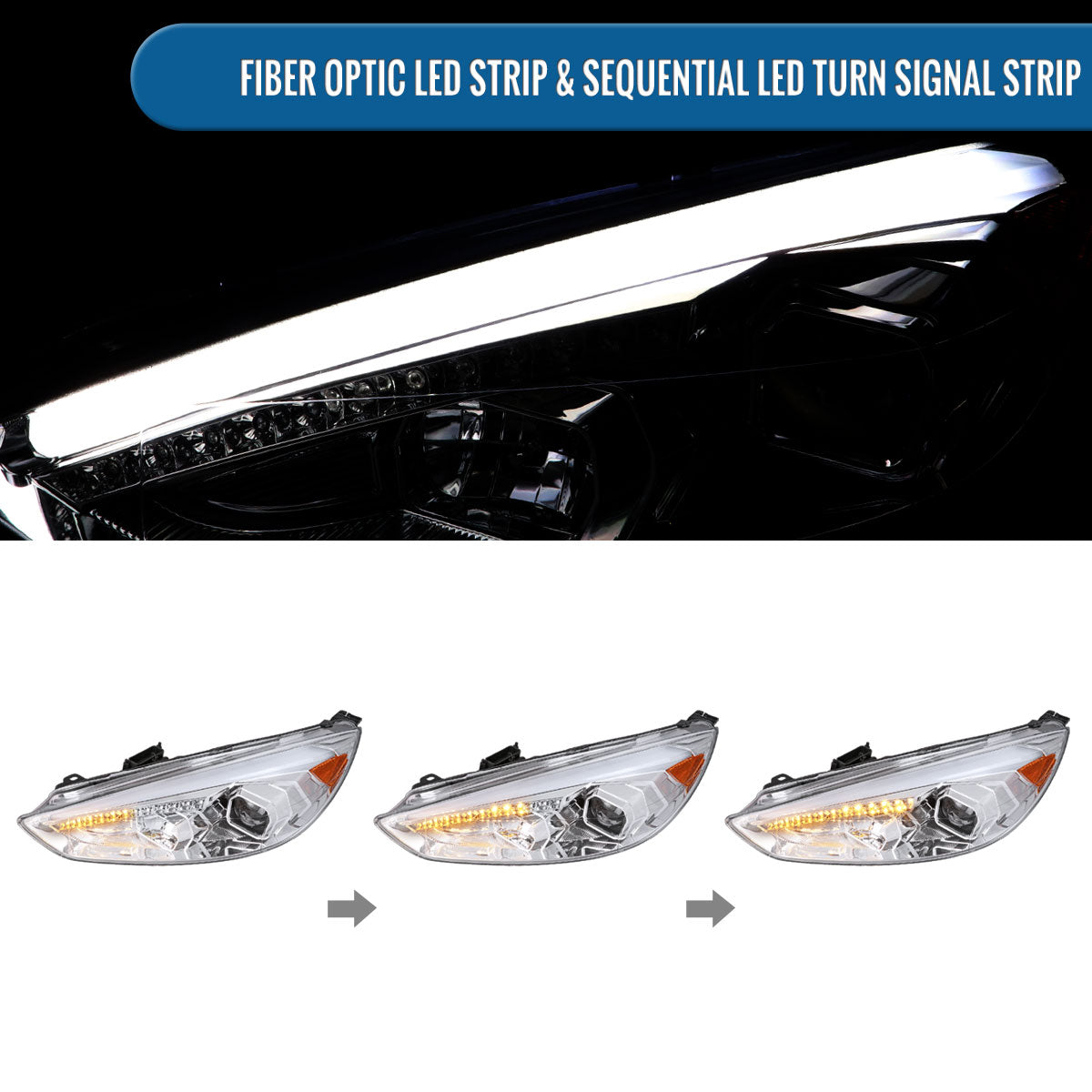 Ronnin - 2015-2018 Ford Focus Upgrade Assembly LED Sequential Turn Signals Projector Headlights Pair | Chrome