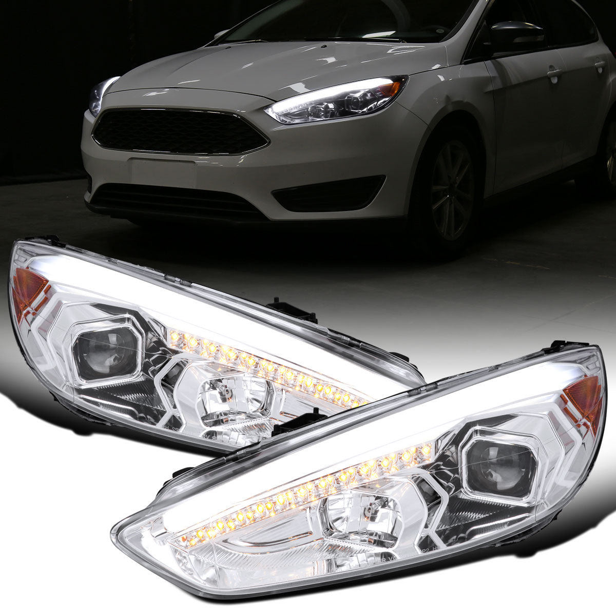 Ronnin - 2015-2018 Ford Focus Upgrade Assembly LED Sequential Turn Signals Projector Headlights Pair | Chrome