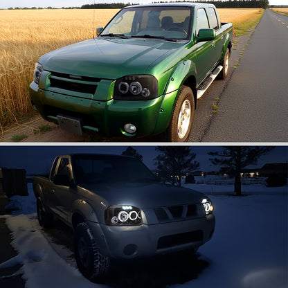 Ronnin - Fits 2001-2004 Nissan Frontier Upgrade Replacement LED Halo Rims Projector Headlights Assembly Pair | Gloss Black