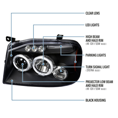 Ronnin - Fits 2001-2004 Nissan Frontier Upgrade Replacement LED Halo Rims Projector Headlights Assembly Pair | Black