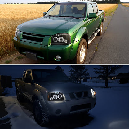 Ronnin - Fits 2001-2004 Nissan Frontier Upgrade Replacement LED Halo Rims Projector Headlights Assembly Pair | Black