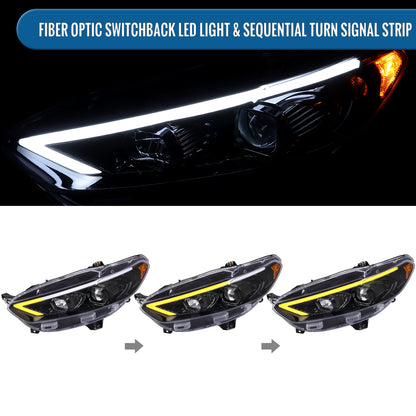 Ronnin - Fits 2013-2016 Ford Fusion LED Switchback Sequential Turn Signals Projector Halogen Headlights Upgrade Assembly Pair | Gloss Black