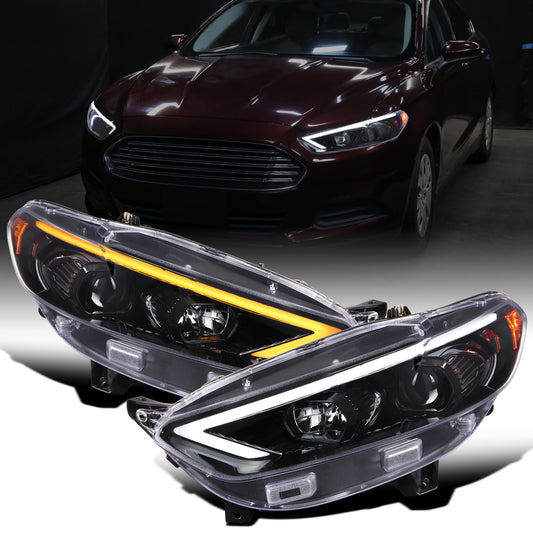Ronnin - Fits 2013-2016 Ford Fusion LED Switchback Sequential Turn Signals Projector Halogen Headlights Upgrade Assembly Pair | Gloss Black